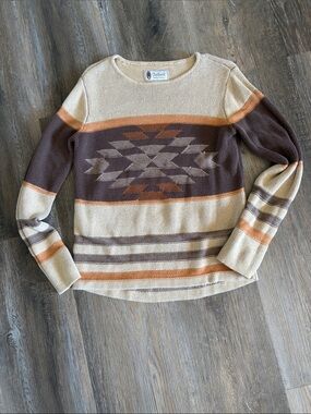 Outback Trading Co Beige & Brown Southwestern Pattern Crewneck Sweater